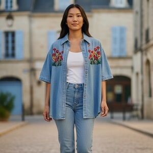 Bobbie Brown Vintage Embroidered Denim Button Up Top